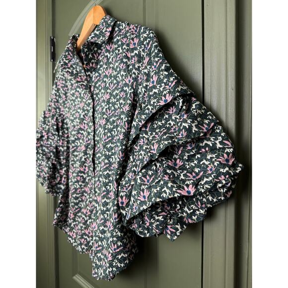 NWT Hyacinth House Noah Green Floral Ruffle Sleeve Button Down Fall Top XXS - Picture 3 of 6